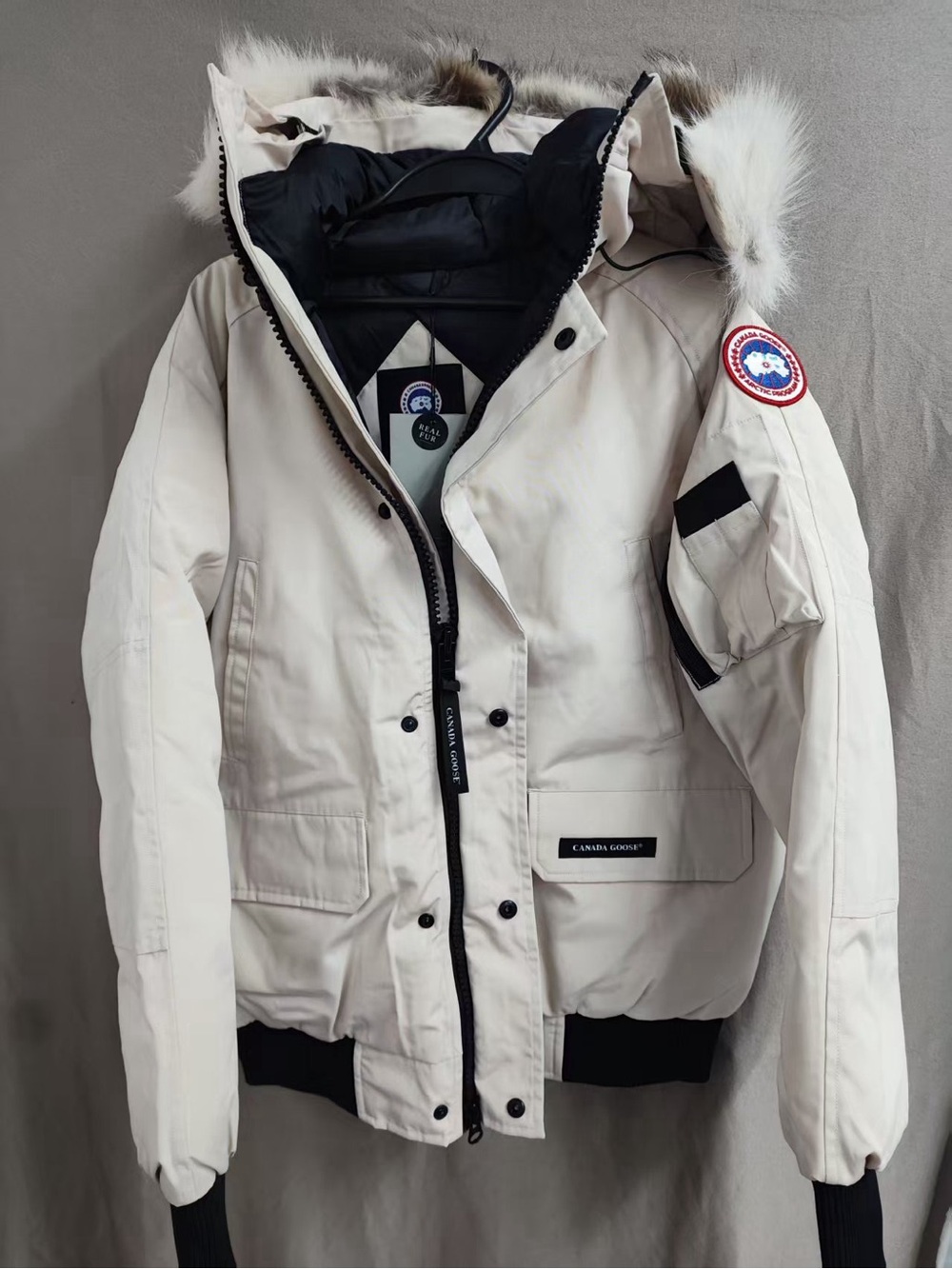 ❄️Canada Goose Cream Winter Hooded Bomber Coat with Fur Trim